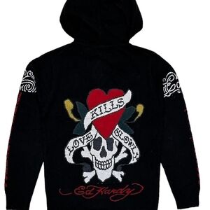 Ed Hardy Black Hoodie with Skull and Heart Motif